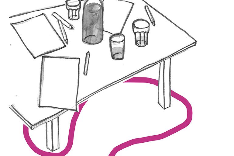 gemaltes Bild von einem Tisch mit Stiften und Flaschen