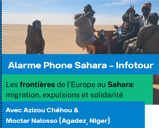 Flyer avec titre de l'événement et une photographie de personnes sur un camion dans le désert du Sahara