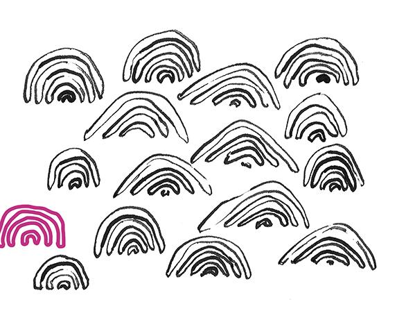 Regenbogen in schwarz/weiss gezeichnet, mit einem im Pink